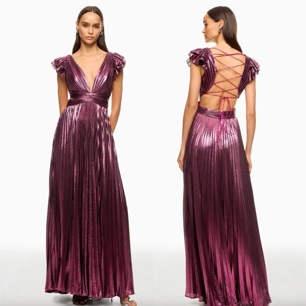 Ieena for Mac Duggal Ruffle Sleeve Metallic Gown in Purple Pink Dark Maxi Dress